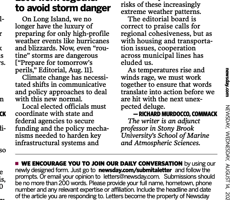 Featured in Newsday: Let’s Work Together to Avoid Storm Danger