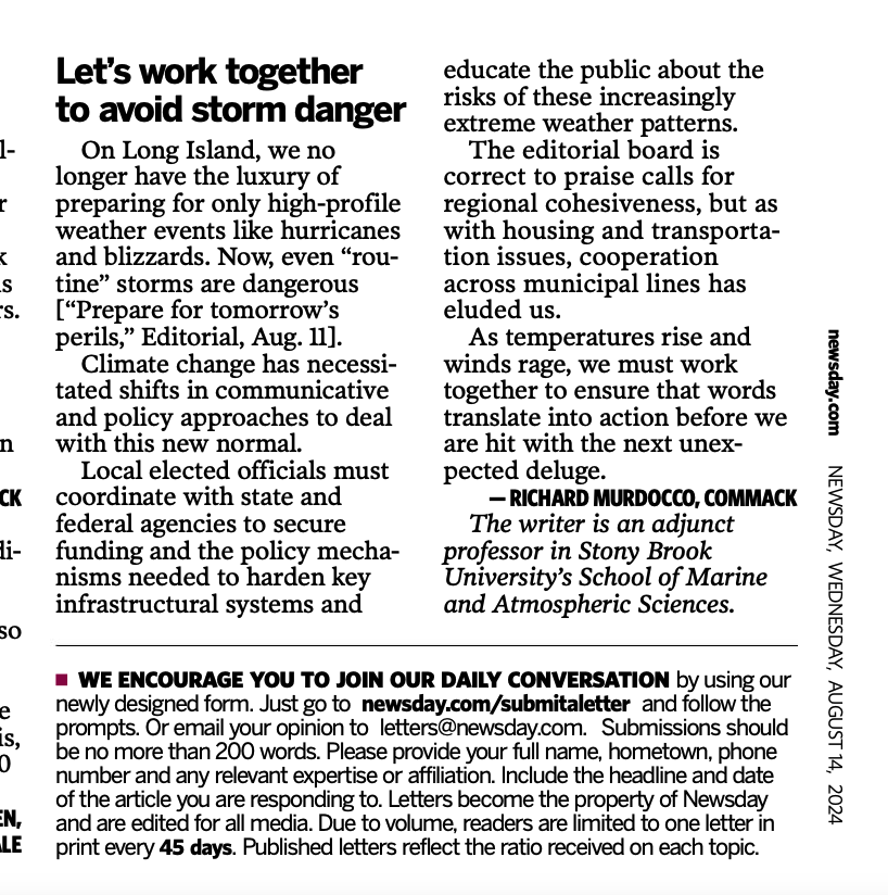 A letter to the editor that was published in Newsday in August 2024, and written by Adjunct Professor Richard Murdocco