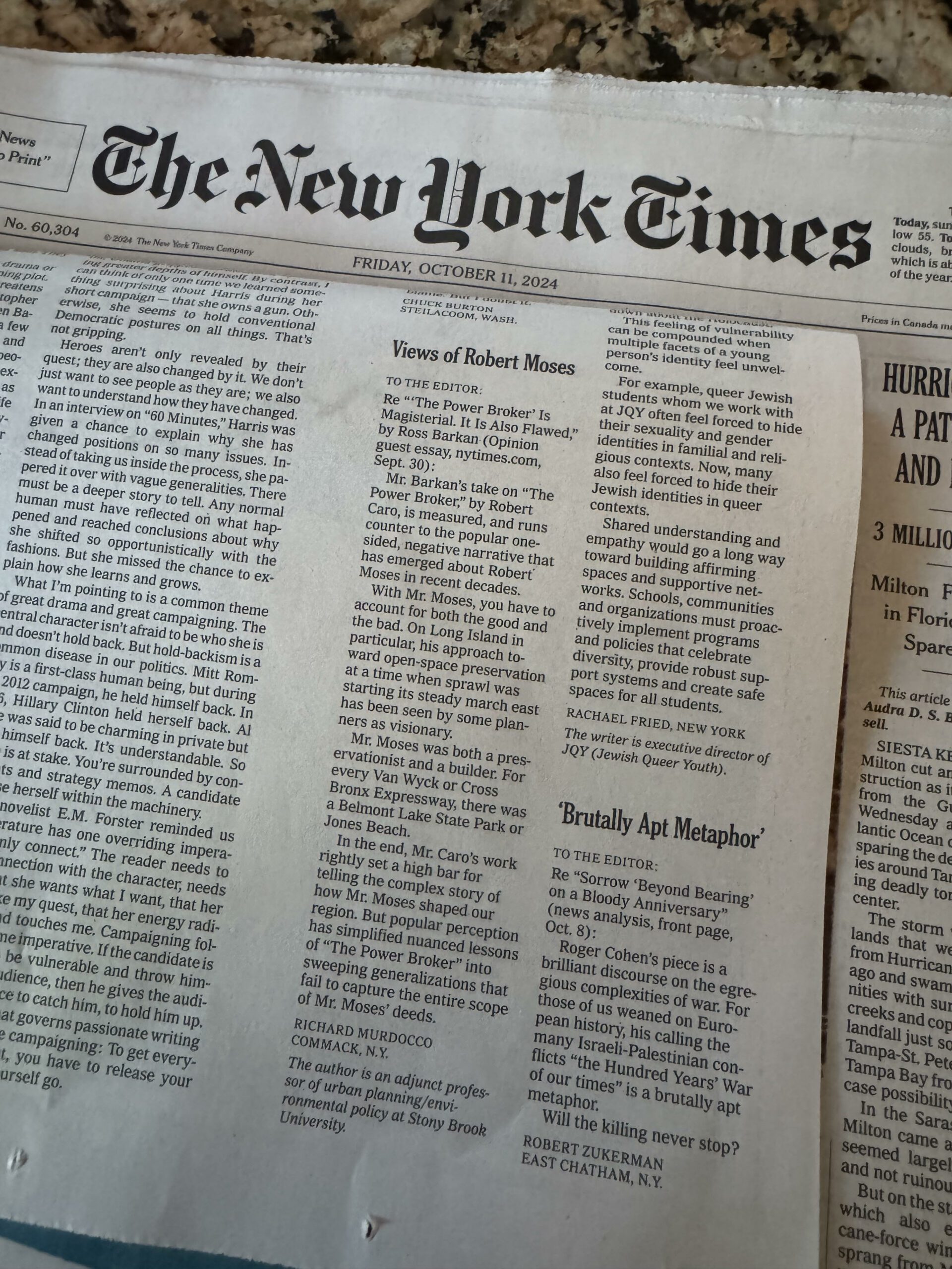 An image of a letter to the editor in the New York Times by Stony Brook University Adjunct Professor Richard Murdocco on Robert Moses and Robert A Caro's The Power Broker.