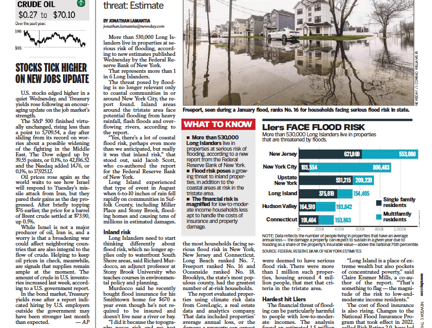 Quoted In Newsday: Long Island’s Financial Flood Risk