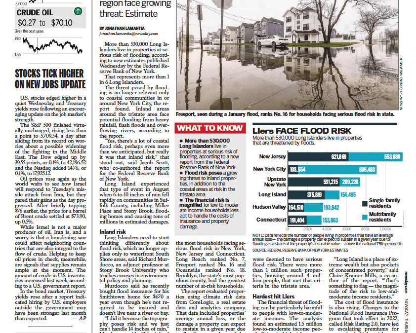 Quoted In Newsday: Long Island’s Financial Flood Risk