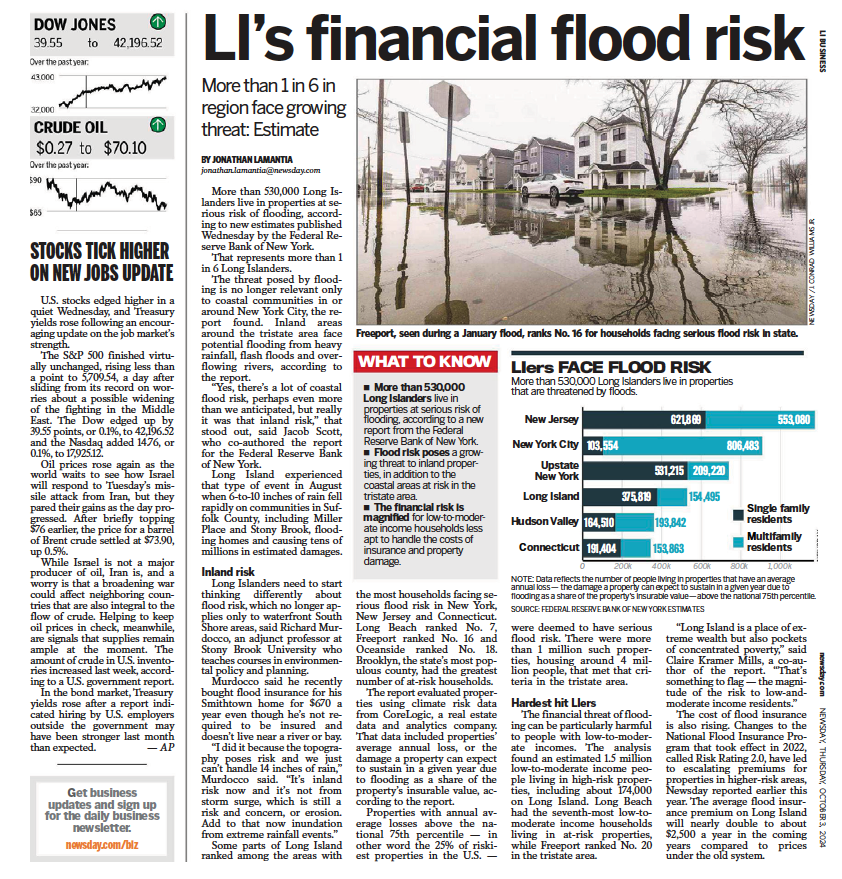 An image of a Newsday article on flood risk that features Adjunct Professor Richard Murdocco's thoughts. 