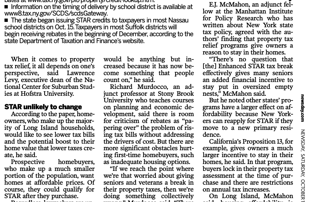 Quoted In Newsday: Do STAR Tax Rebates Hurt Housing Affordability?