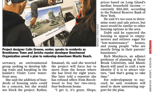 Quoted in Newsday: $400M Mastic Beach plan to revitalize downtown with housing, restaurants, shops unveiled