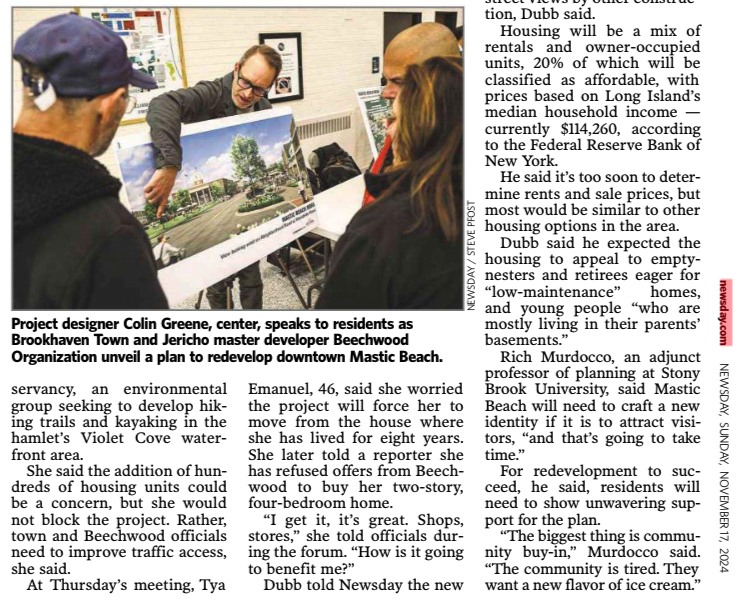 Quoted in Newsday: $400M Mastic Beach plan to revitalize downtown with housing, restaurants, shops unveiled