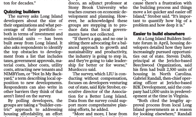 Quoted in Newsday: Long Island Business Groups Conduct Survey to Highlight Local Issues for Developers