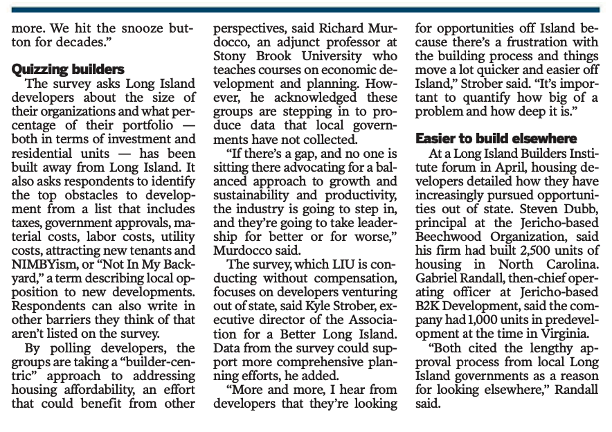 Quoted in Newsday: Long Island Business Groups Conduct Survey to Highlight Local Issues for Developers